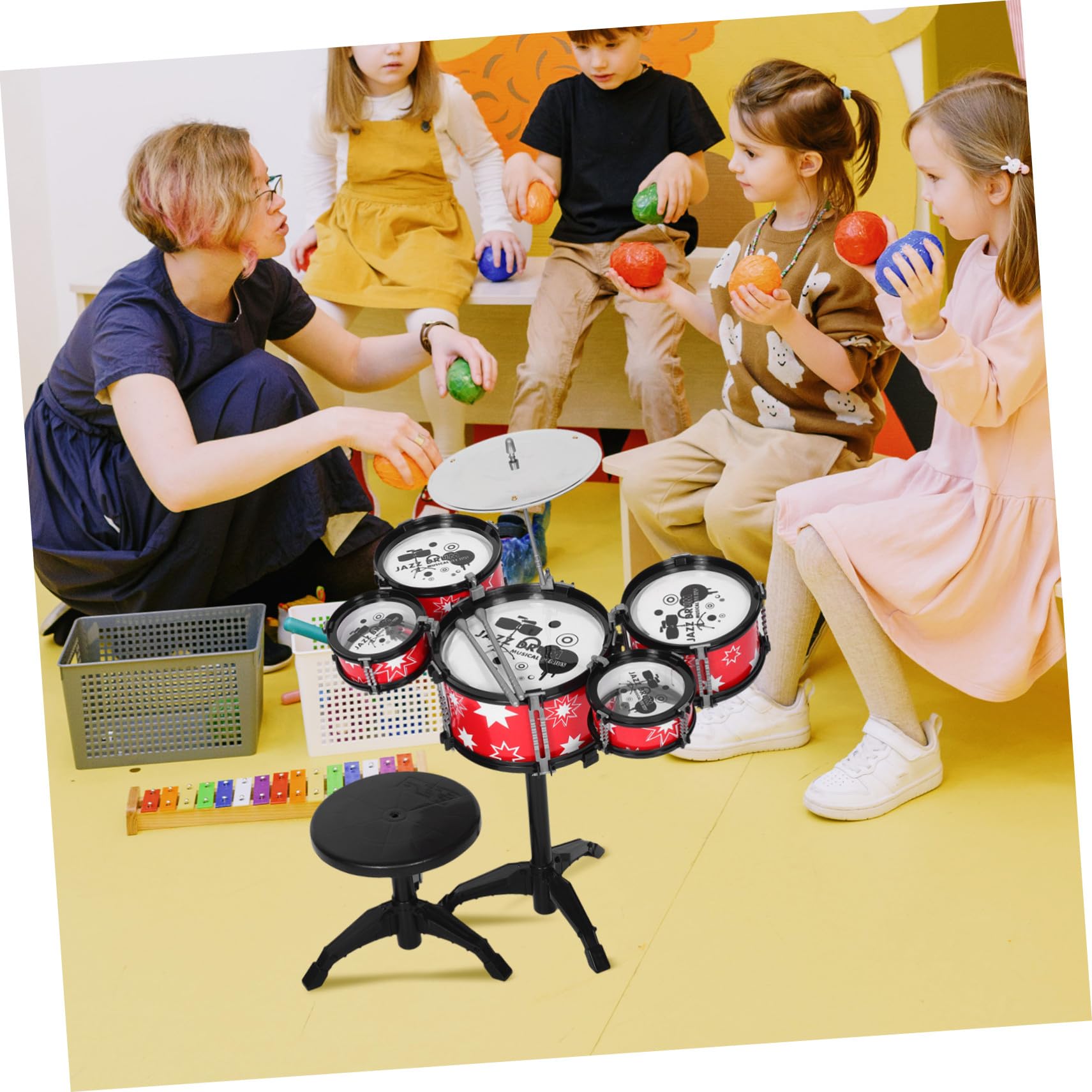 Juego de Batería para Pequeños, Batería de Percusión Abs Roja Borde Negro, 5 Tambores Taburete y Baquetas, Instrumento Musical Educativo para Desarrollo Temprano y Ritmo, Juguete