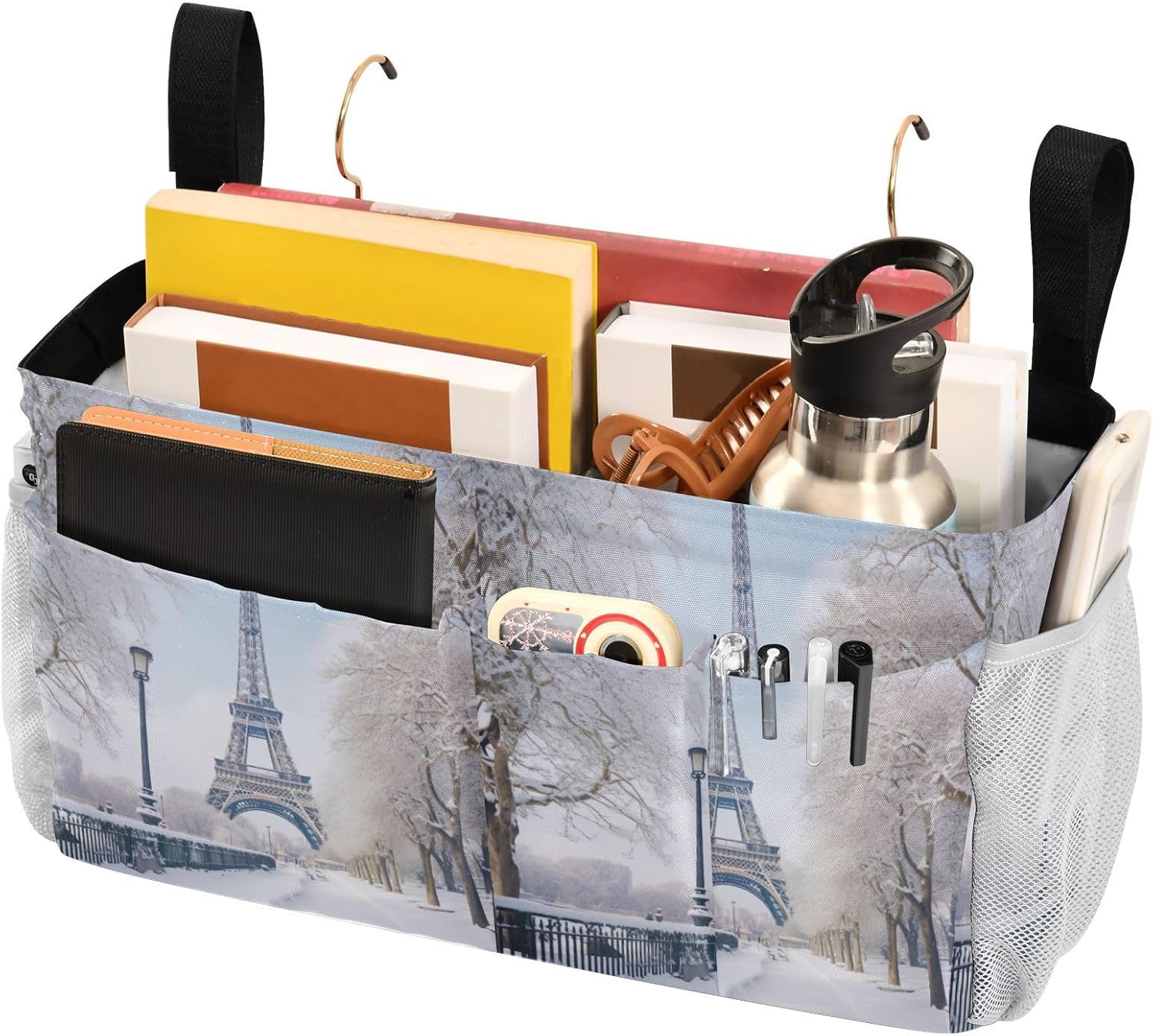 YETTASBIN Paris Eiffel Tower Bedside Caddy Hanging Storage Organizer Bag with 2 Straps & Hooks for Bunk Beds, College Dorm, Hospital Bed - Holder for Books, Phone, Magazine, Glasses, Keys