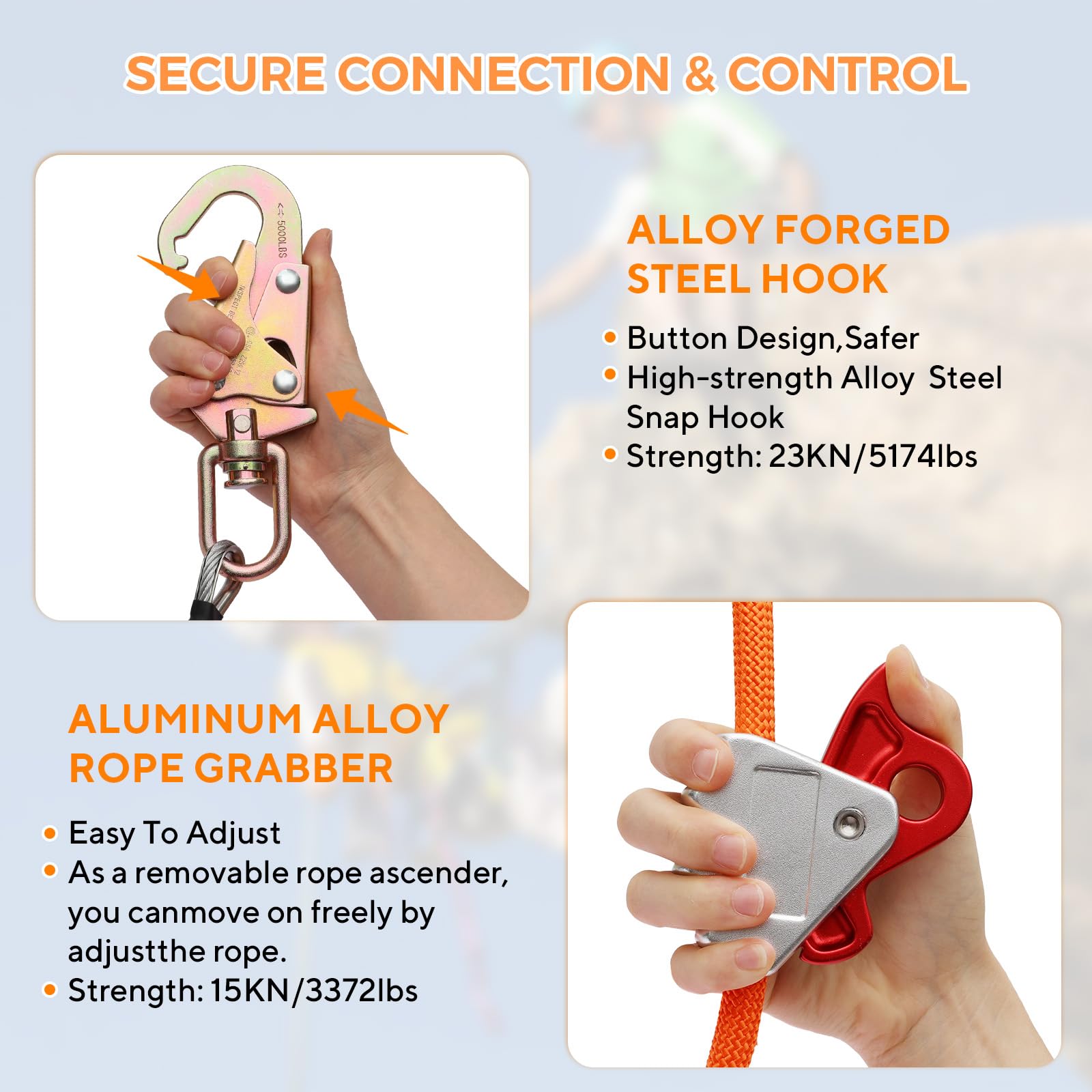Cable de alambre de acero, kit de cordón de posicionamiento de arborista de protección contra caídas | Arborist - Equipo de escalada de árboles con gancho giratorio, mosquetón de triple bloqueo y ajustador de cuerda