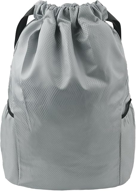 kuou Drawstring Gym Bag, Large Drawstring Bags Swimming PE Bag Waterproof Sports Gym Sack Drawstring Backpack Unisex with Two Side Pockets for Sports, Yoga, School, Swimming, BeachGray