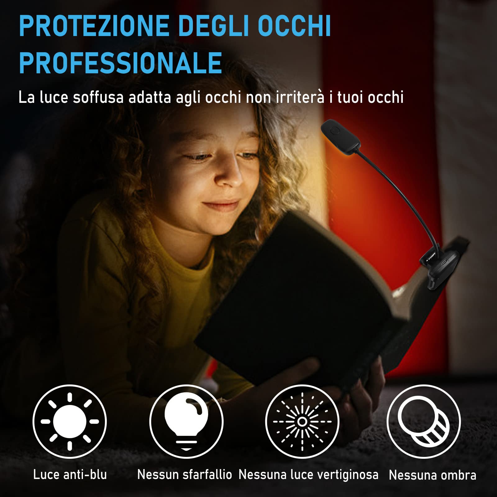 Diboniur Luz Lectura, Lampara Libro Lectura USB Recargable, Luz para Leer con 3 Modos (Blanco/Cálido/Blanco Cálido), Batería de Larga Duración para Leer Libros en la Cama, Viajes