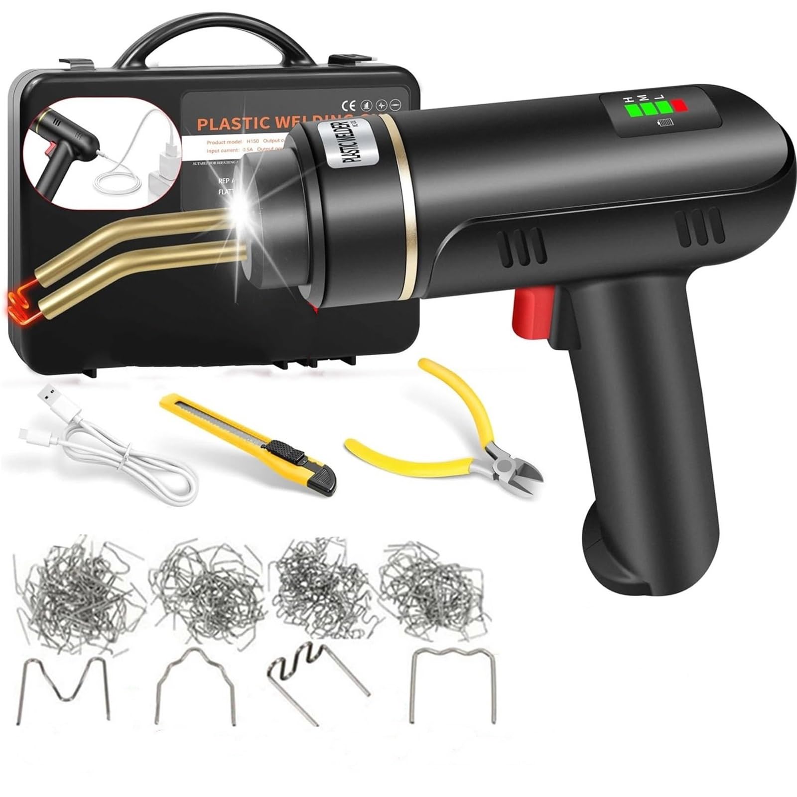 Kit Riparazione Paraurti Auto Kit di saldatura per plastica WeldeGun senza fili da 200 W, kit di riparazione paraurti ricaricabile tramite USB, 400/1200 pezzi di cucitrice a caldo(One set of black)