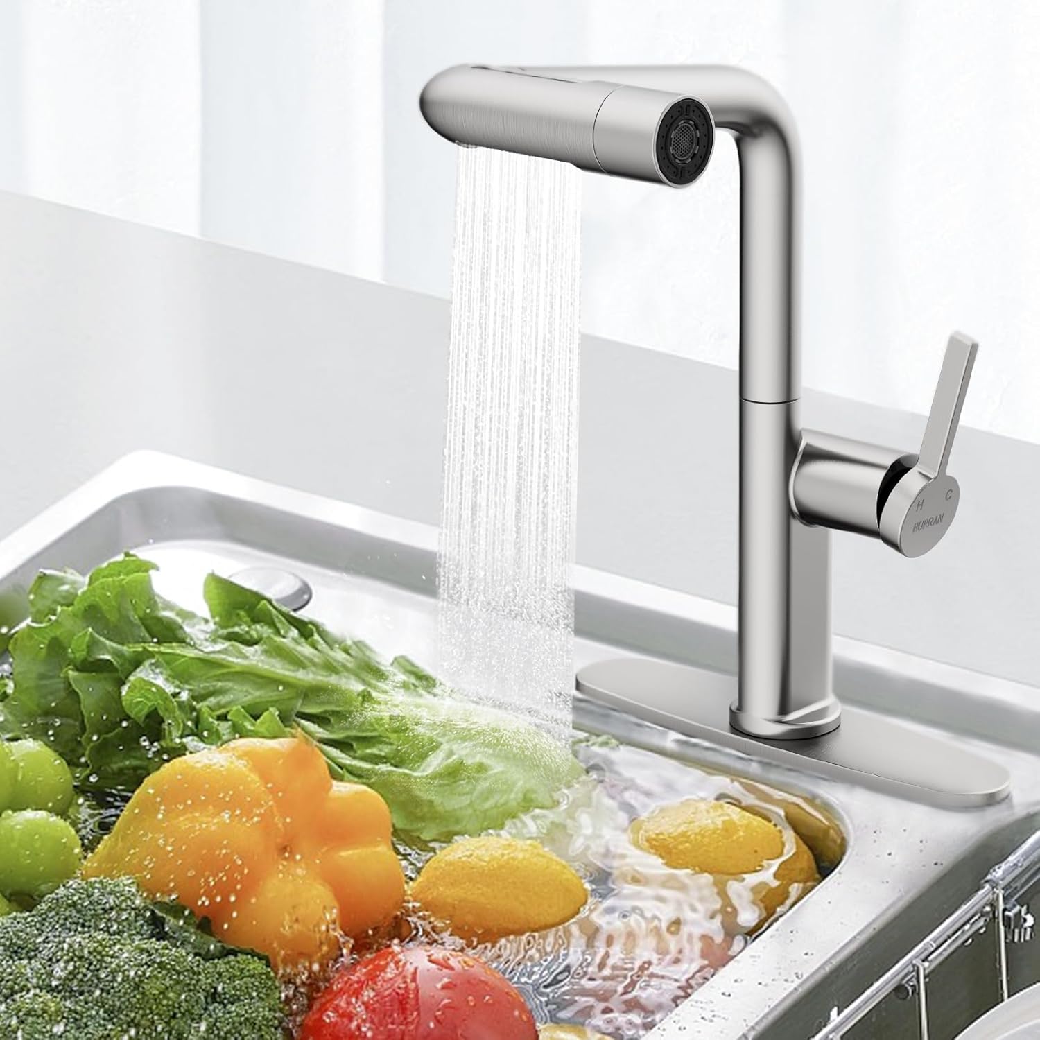 Waterfall Kitchen Faucet with Pull Down Sprayer, Hurran Kitchen Sink Faucets with 5 Spout Modes, 360° Swivel Single Handle Faucet with Deck Plate, Brushed Nickel - Image 5