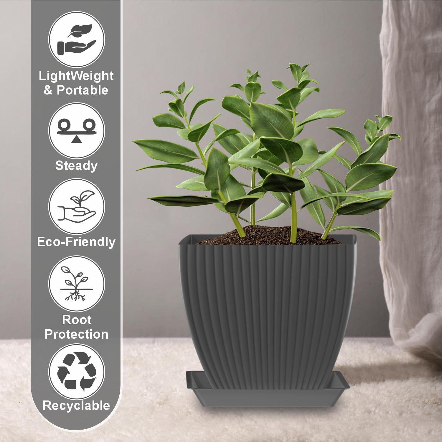 JD FRESH 5 Pack Plastic Square Flower Pots with Drainage & Bottom Tray/Lightweight, UV & Weather Resistant/6.5 Inch Planters for Indoor/Outdoor/Home/Balcony/Terrace/Garden Plant Pots (Dark Grey) - Image 4 thumbnail