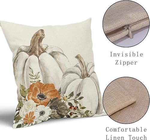 Miniatura 4 de Fundas de Almohada de Otoño 18x18 pulgadas Juego de 2 Acuarela Blanco Gris Calabaza Flor Almohadas Decorativas Exterior Otoño Acción de Gracias