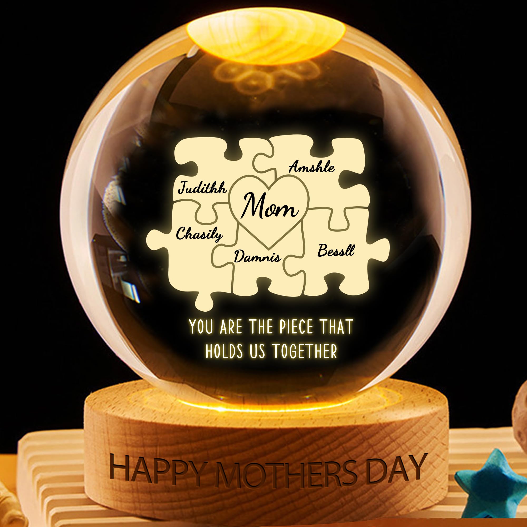 Custom Family Puzzle Crystal Snow Globe Night Light Personalized Mom Dad& Kids Names You Are The Piece That Holds Us Together LED Lamp with Wooden Base Bedroom Decor Gifts for Grandpa Grandma Family