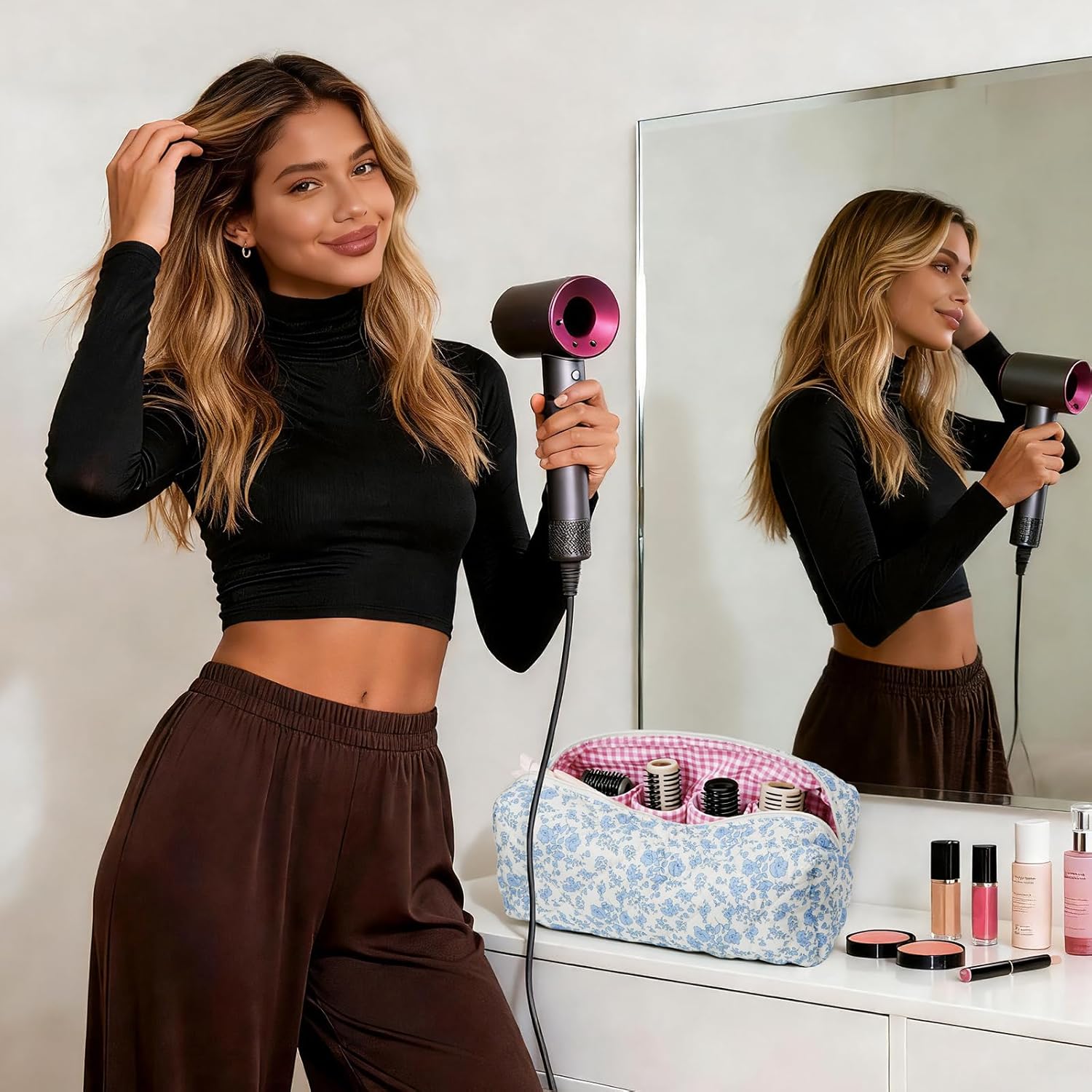 HiTotes Hair Tools Travel Bag Compatible with Dyson Airwrap Cute Floral Travel Case for Shark Flexstyle Hair Tools Organizer