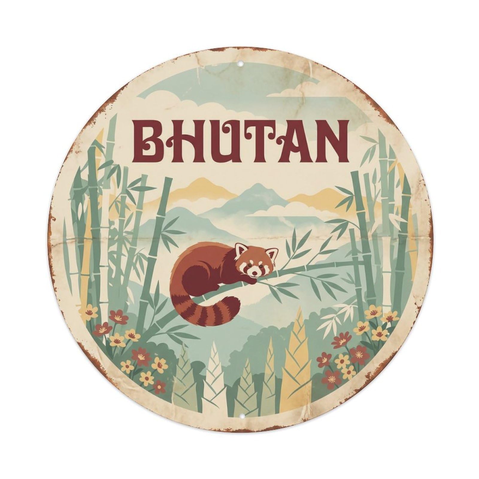 Yrnq 8X8inch Vintage Style Bhutan Red Panda Bamboo Grove Metal Tin Sign