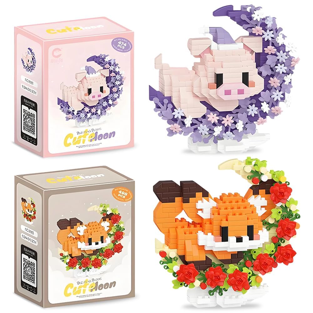 MGKEOUF Cute Pig Building Blocks, DIY Fox Building Blocks, Animal Building Blocks Set, 3D DIY Gift Set New Year Gift Themed Office Décor - 2PCS (Pig Fox)