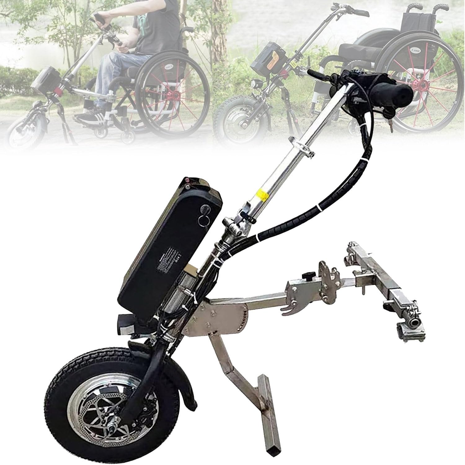 12-calowy elektryczny wózek inwalidzki Amortyzowany widelec Handcycle, terapia rehabilitacyjna Elektryczny zestaw do konwersji wózka inwalidzkiego z przednim światłem, 16Ah,B