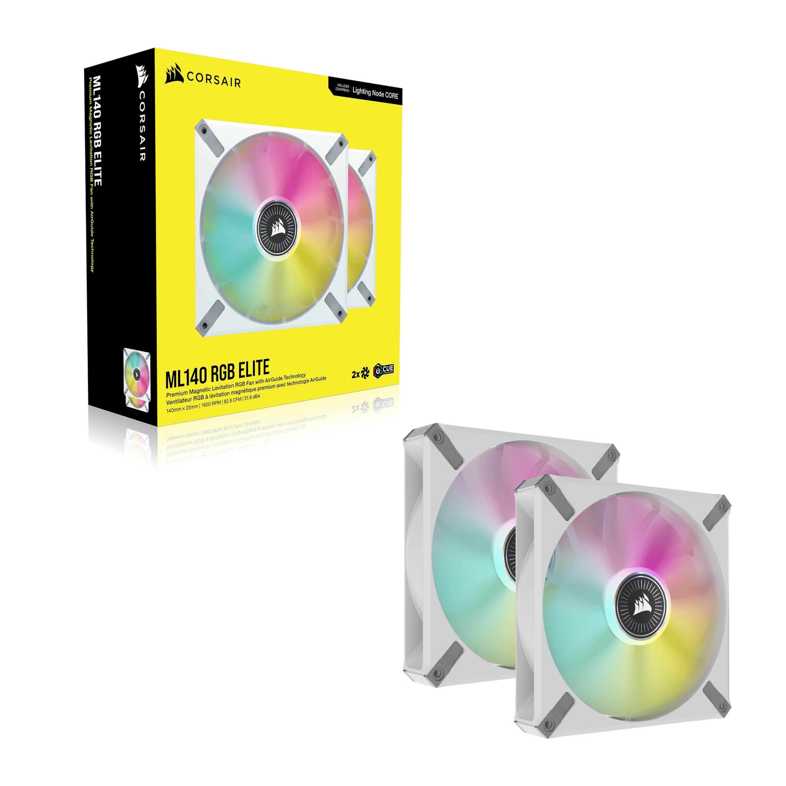 Corsair iCUE ML140 RGB ELITE Ventilador PWM (Tecnología AirGuide de Corsair, Cojinete de Levitación Magnética, Bajo Nivel de Ruido, iCUE Lighting Node CORE Incluido) Paquete Doble - Blanco