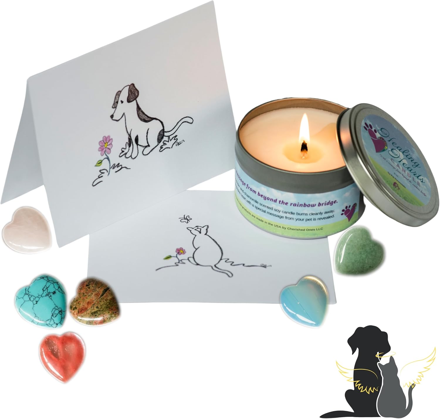 Pet Perennials Healing Hearts - Vela conmemorativa para mascotas, vela de soja con piedra de recuerdo de Feng-Shui (incrustada) Pérdida de regalos