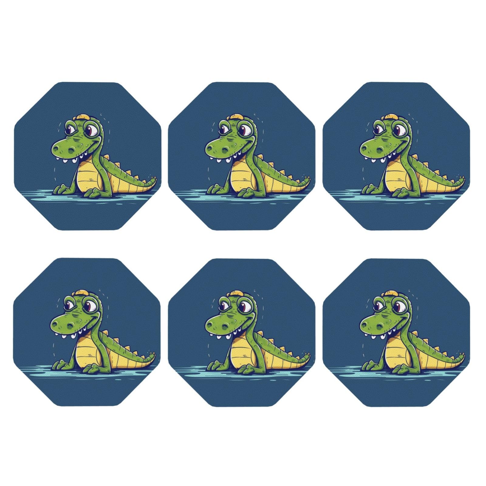 6pcs Leather Coasters for Drinks, Cartoon Crocodile Drink Coasters for Tabletop Protection, 4" Cup Coasters for Coffee Table Decor, Non-Slip Drinking Cup Mat for Hot Or Cold Drink