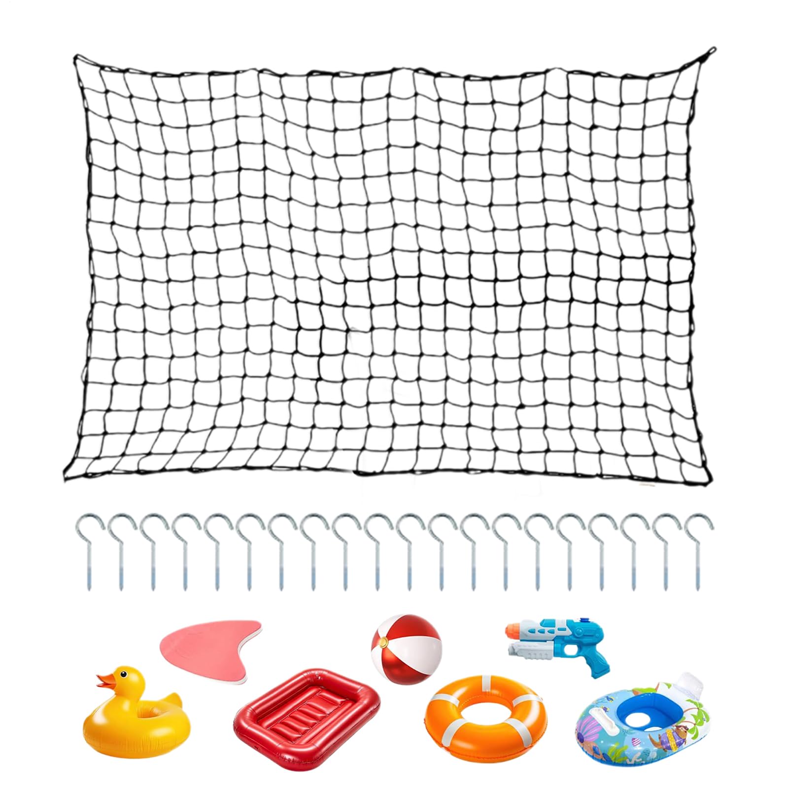 Pool Toy Storage Net, Large Mesh Organizer, Heavy Duty Storage Bag Black Design, Wall-Mount Netting with 20 Screw Hooks, for Inflatable Rafts, Beach Balls, Swim Chairs, Float Toys