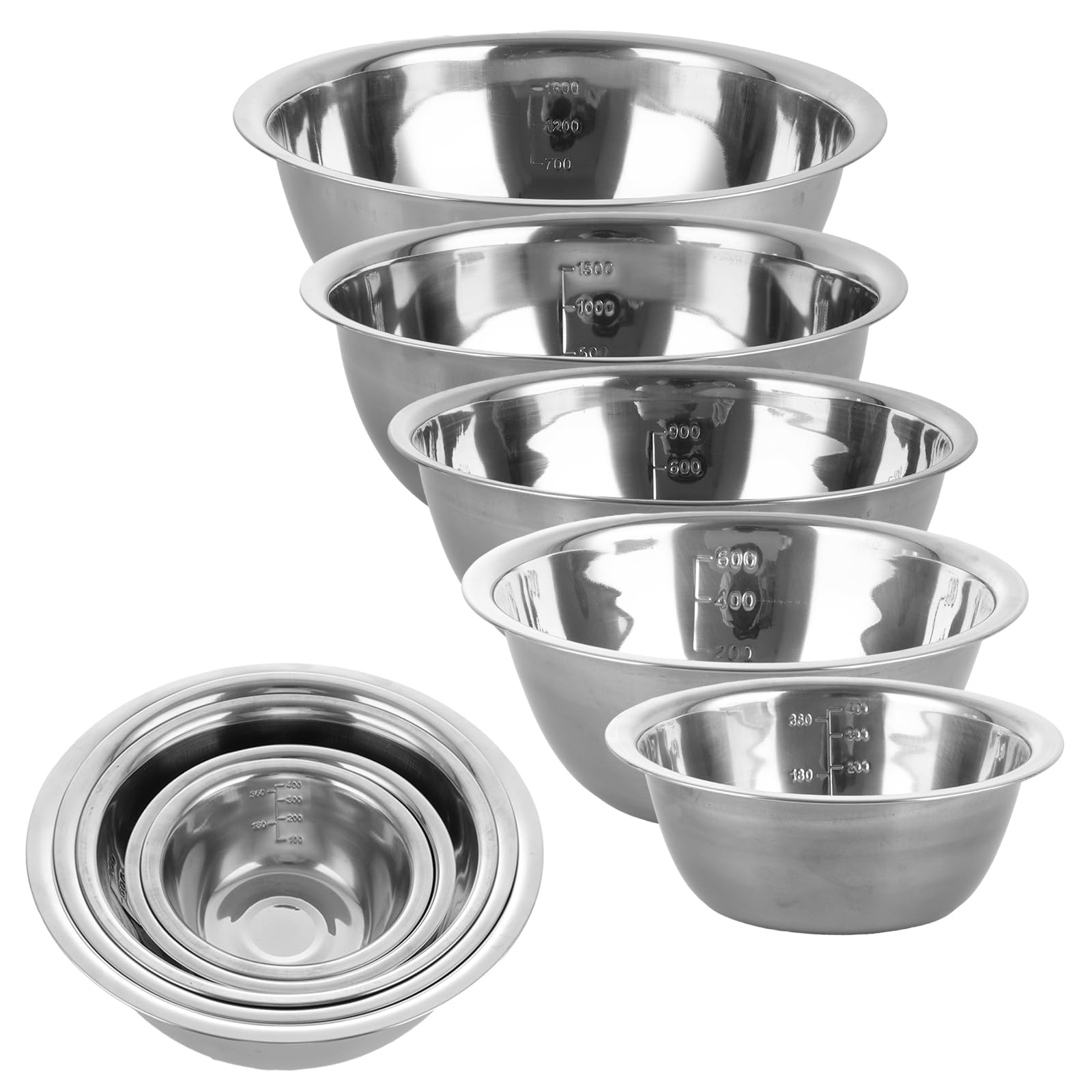 ASelected 5 Piece Stainless Steel Mixing Bowl Set with Measurement Markers,5 Sizes Multipurpose Soup Basin Space Saving Nesting Bowls for Baking Cooking Serving Food/Salad(0.5L,0.9L,1.6L,2.1L,2.6L)