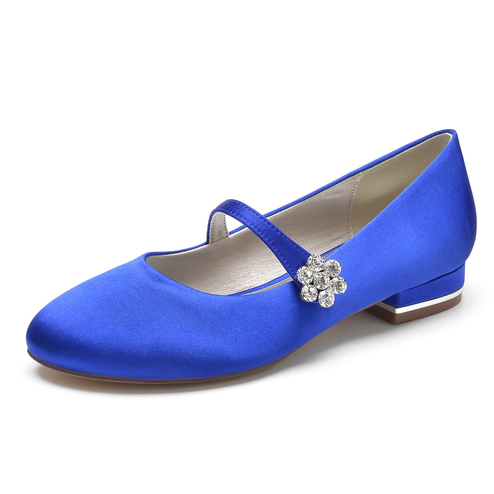 Zapatos Mary Jane para Mujer Planos de Raso, Bailarinas Elegantes con Flor de Brillantes y Tacón Metalizado, Zapatos de Boda o Oficina con Correa para Fiesta y Uso Diario