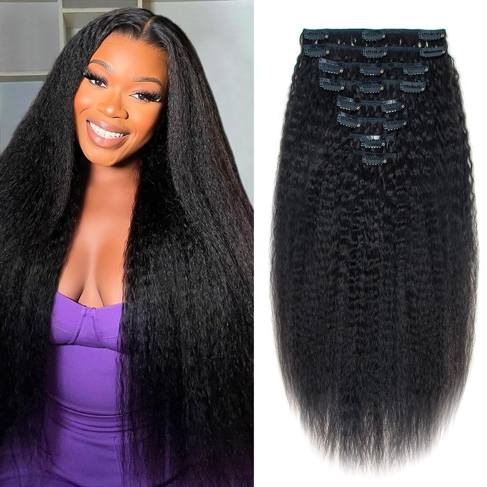 Jet Black Kinky Straight Clip in Hair Extensions Real Human Hair 22 Inch 100g/8pcs Double Weft 10A Brazilian Yaki Straight Clip ins for Black Women 100% Virgin Human Hair Clip in Extensions