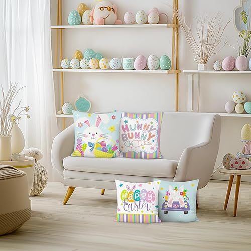 Miniatura 9 de Bonhause Juego de 4 fundas de almohada de 18 x 18 pulgadas, diseño de huevos de Pascua, conejo, primavera, fundas de cojín de terciopelo suave para