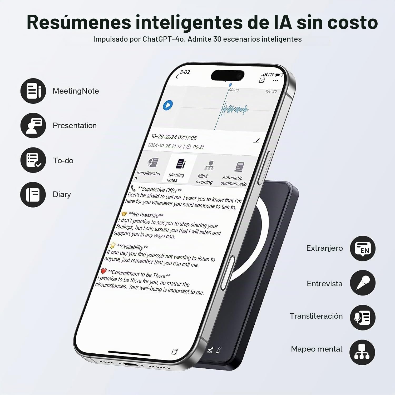 Grabadora de Voz AI 64GB de Memoria, AI Voice Recorder Transcripción Gratuita y Resumen de Chatgpt, Soporte para Traducción en Tiempo Real en 121 Idiomas, Soporte para App y Redes, Carga Inalámbrica