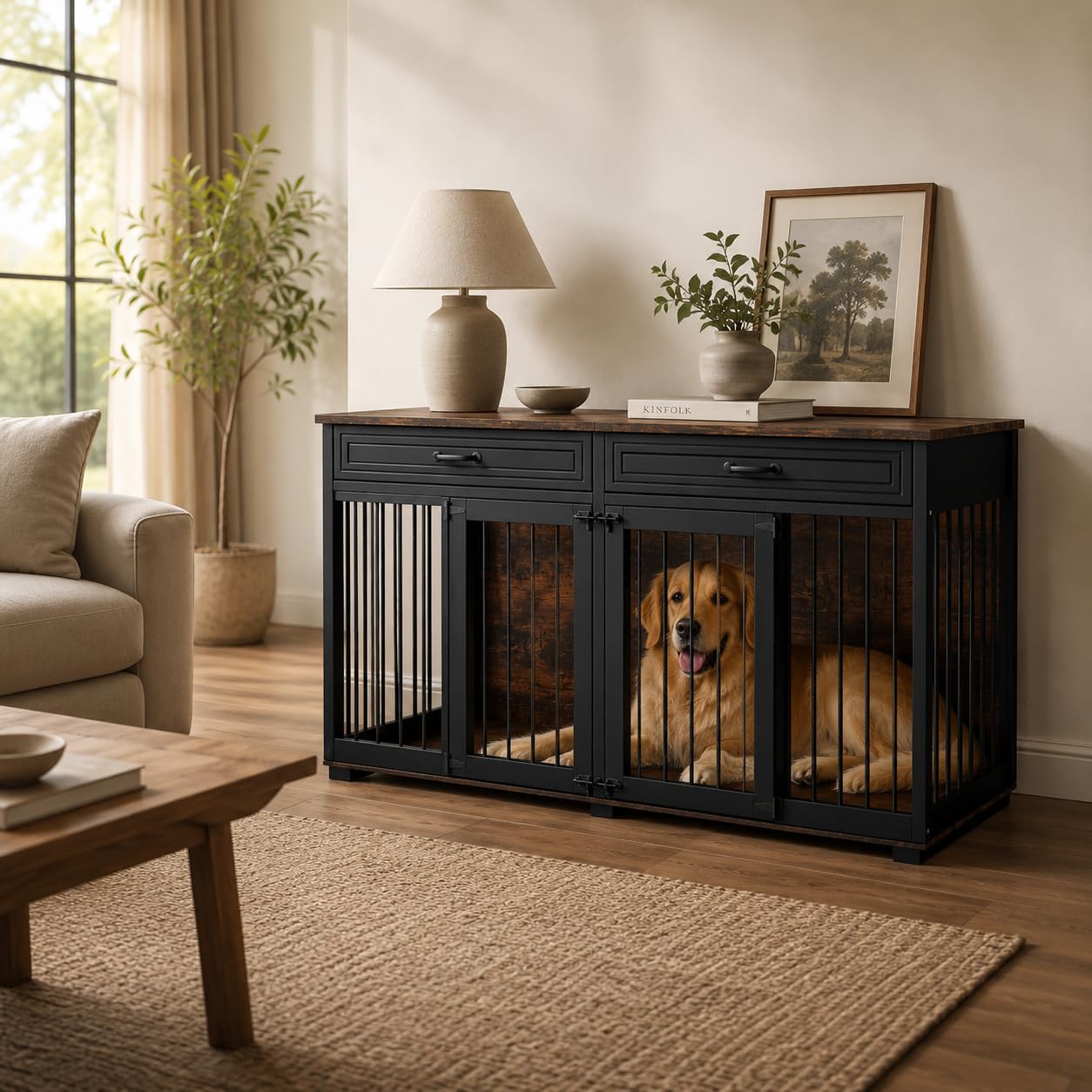 Hundekäfig Schrank XXL, Hundekäfig mit 2 Schubladen und 2 Türen, Hundebox für Zuhause Große/Mittlere Hunde,Beistelltisch, Hundehütte Indoor, Hundehaus für Zuhause, Schwarz, 164 x 60 x 80 cm, Eisen