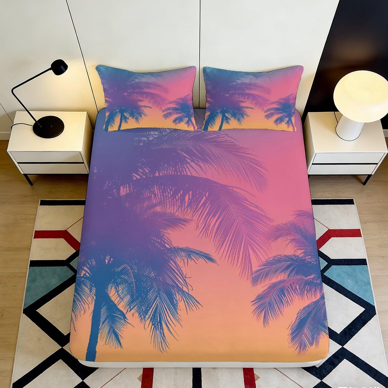 3D Printed Sunset Palm Fitted Sheet Microfiber Soft Orange Purple Bed Sheet for Bedroom Dorm Decor Protection 90x200x25cm