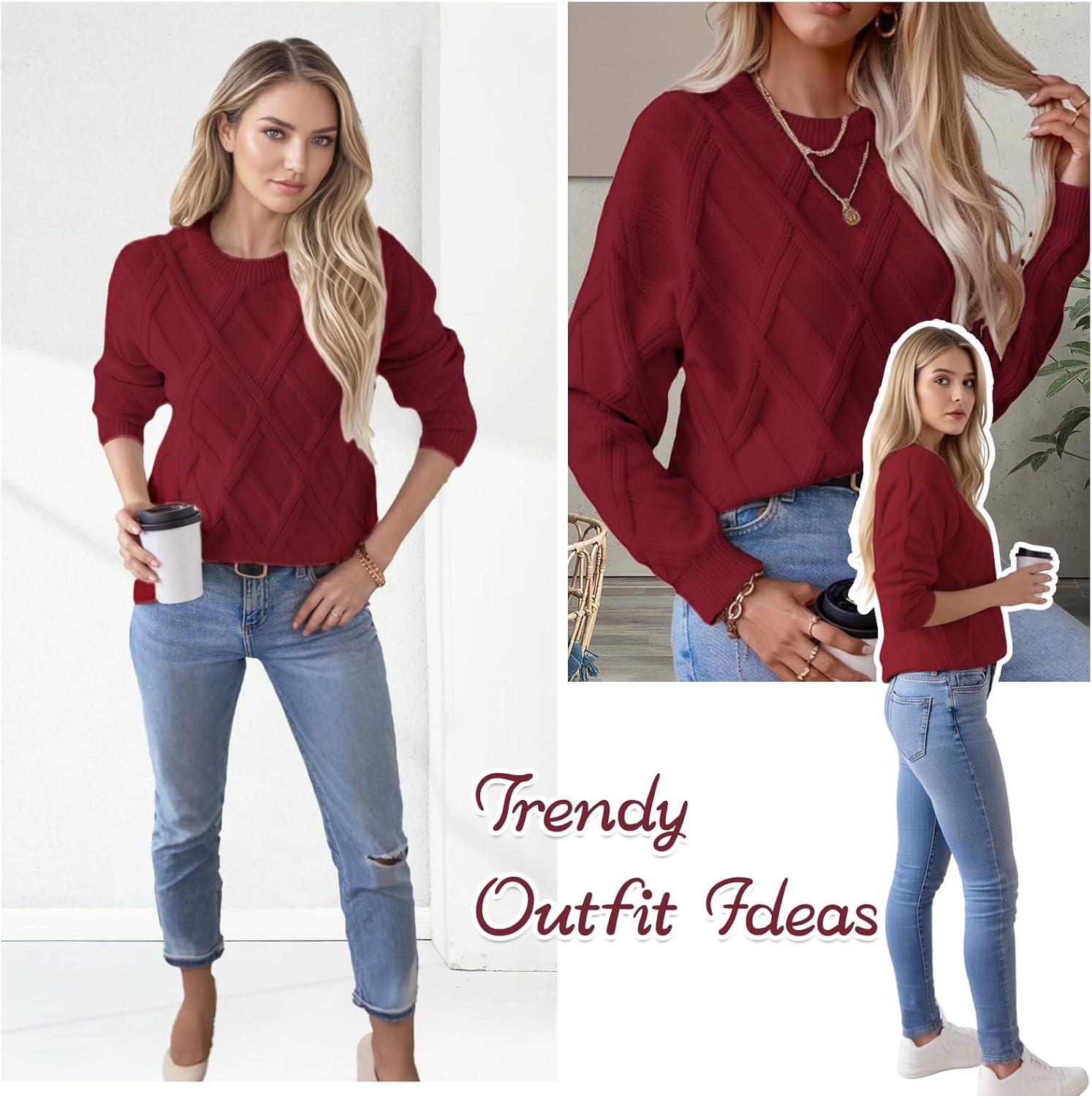 Women's Sweaters Crew Neck Pullover Cable Knit Sweaters Ribbed Casual Tops 2026 Classic Knitwear for Spring Winter - Image 6