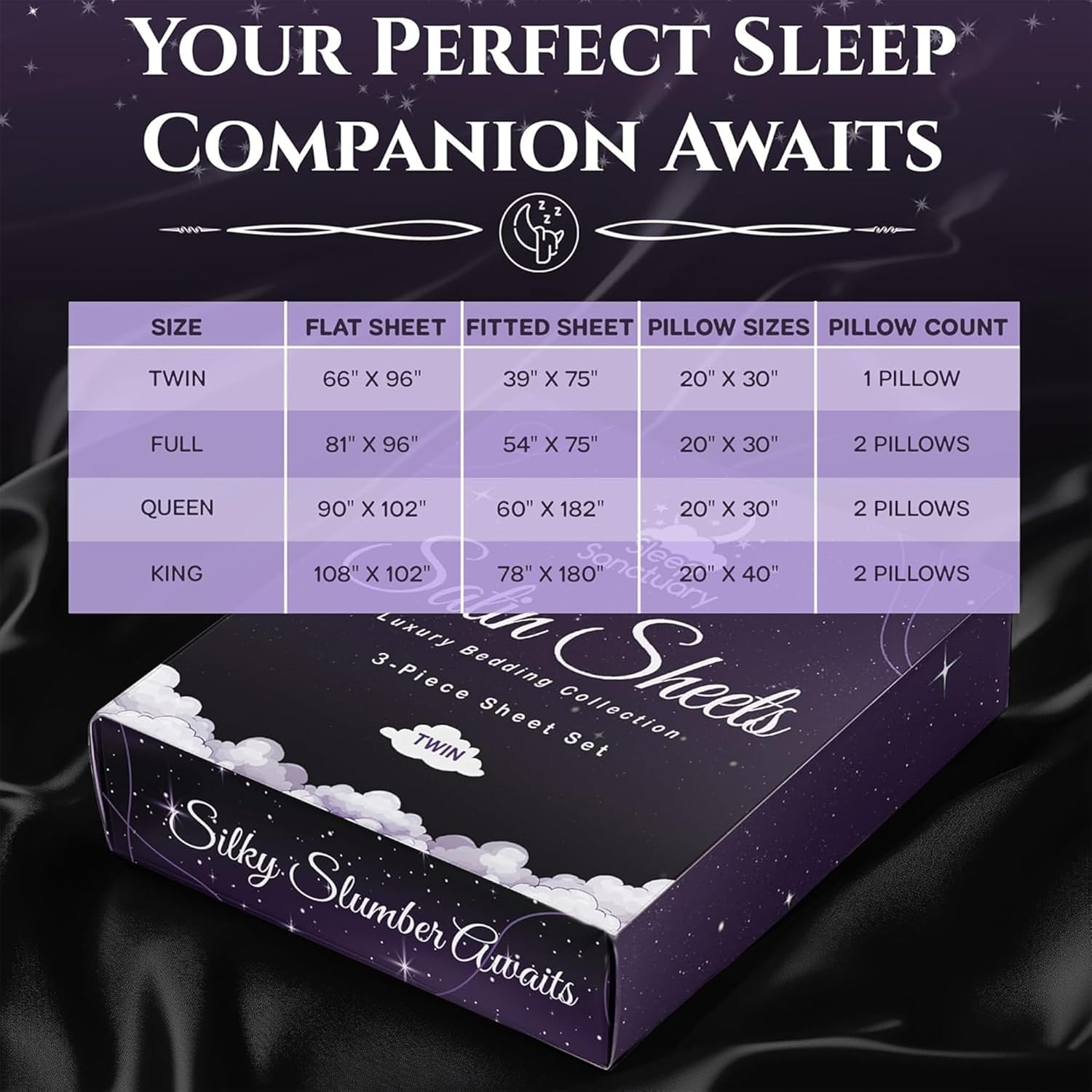 SLEEP SANCTUARY Satin Sheets Twin Size – 3 Piece Luxury Silky Bed Set, Softer Than Silk, 15" Deep Pocket, Cooling & Wrinkle-Free, Moisture-Wicking & Breathable for Hair & Skin (Black)