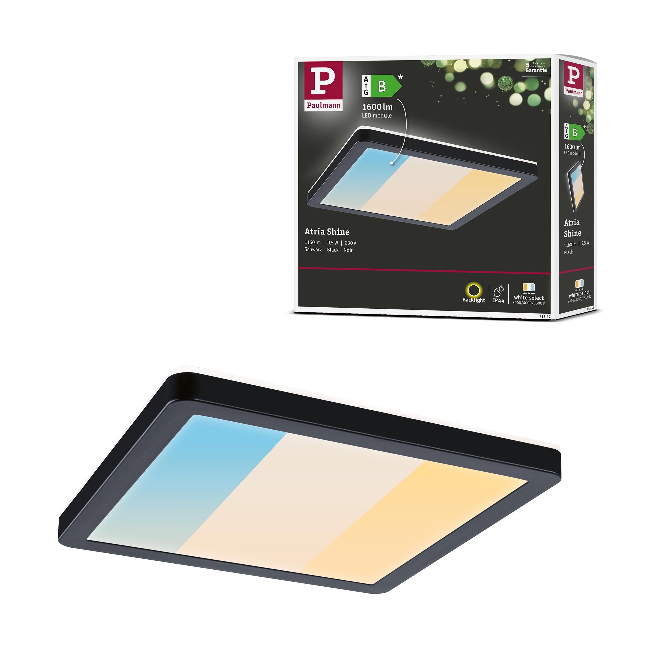 Paulmann 71267 LED Panels Atria Shine IP44 Angular 190x190 mm 8W 1160lm 3000-6500K Black