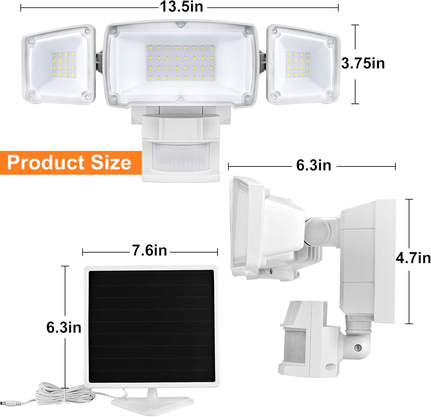 RICH SOLAR Solar Motion Activated Security Light 1600 Lumens Triple Heads Solar Light (White)