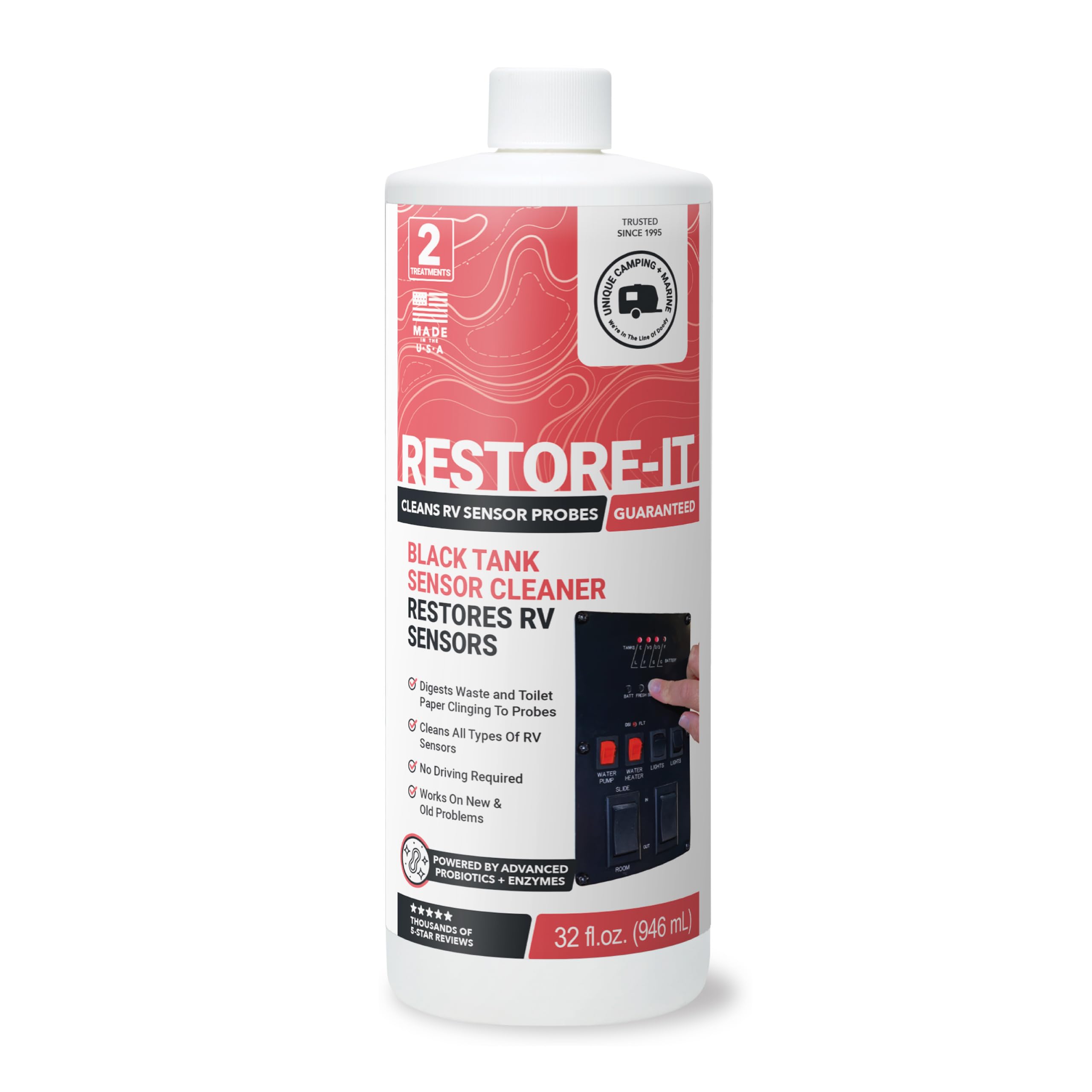 Restore-It RV Black Tank Sensor Cleaner Liquid - Cleans and Restore Misreading Sensor Probes by Removing Stuck-On Waste - 2 Treatments Per Bottle (32 oz)