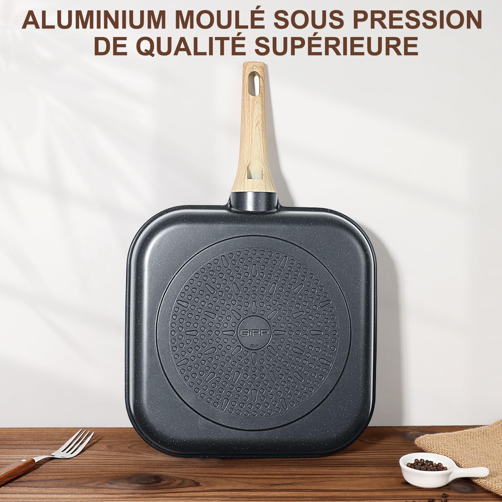 GiPP Poêle grill 28 x 28 cm, poêle à induction en aluminium moulé sous pression avec revêtement antiadhésif en granit, 100 % sans PFOA, convient pour tous les types de cuisinières (gris, 28 cm)