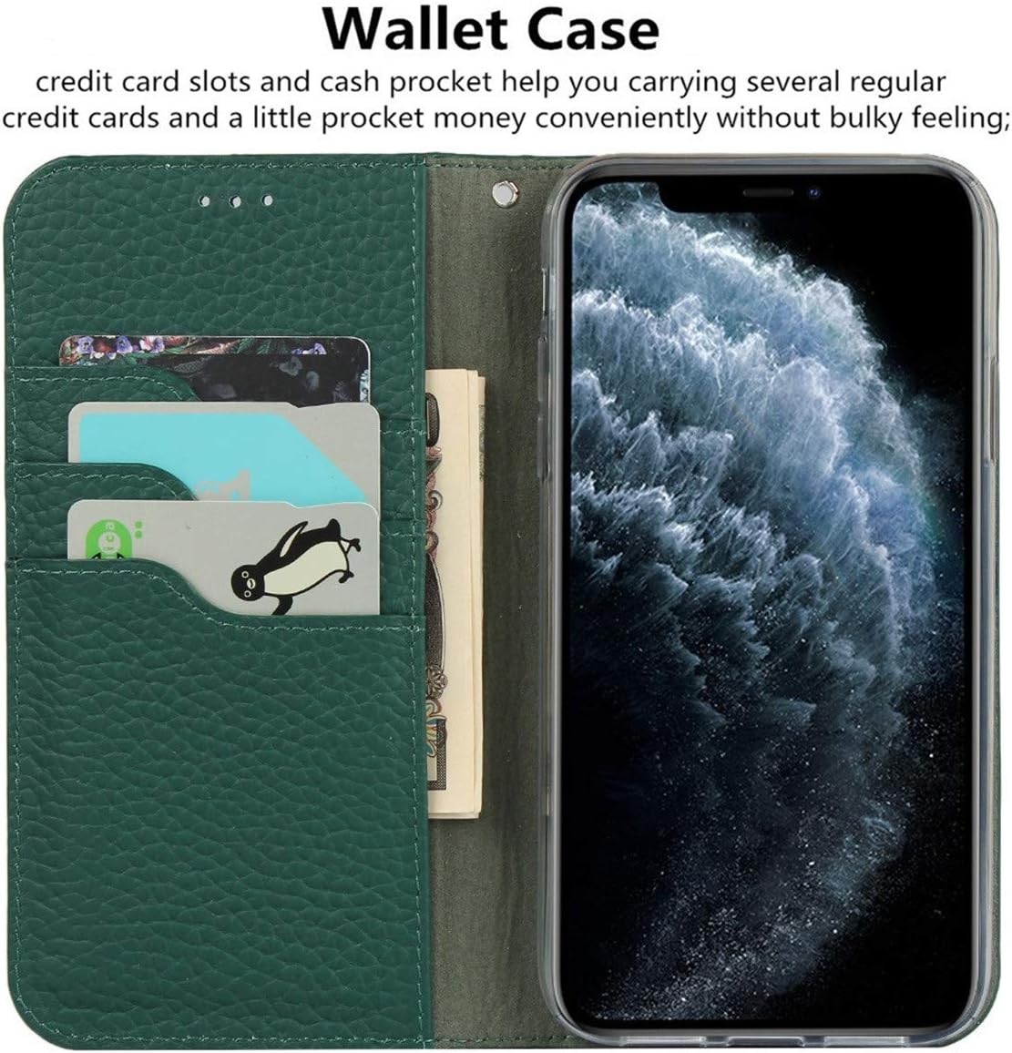 iCoverCase Compatible with iPhone 11 Pro Max Wallet Case, RFID Blocking Genuine Leather Magnetic Case with Wrist Strap and Card Slots Kickstand Feature Flip Cover 6.5 Inch (Green)