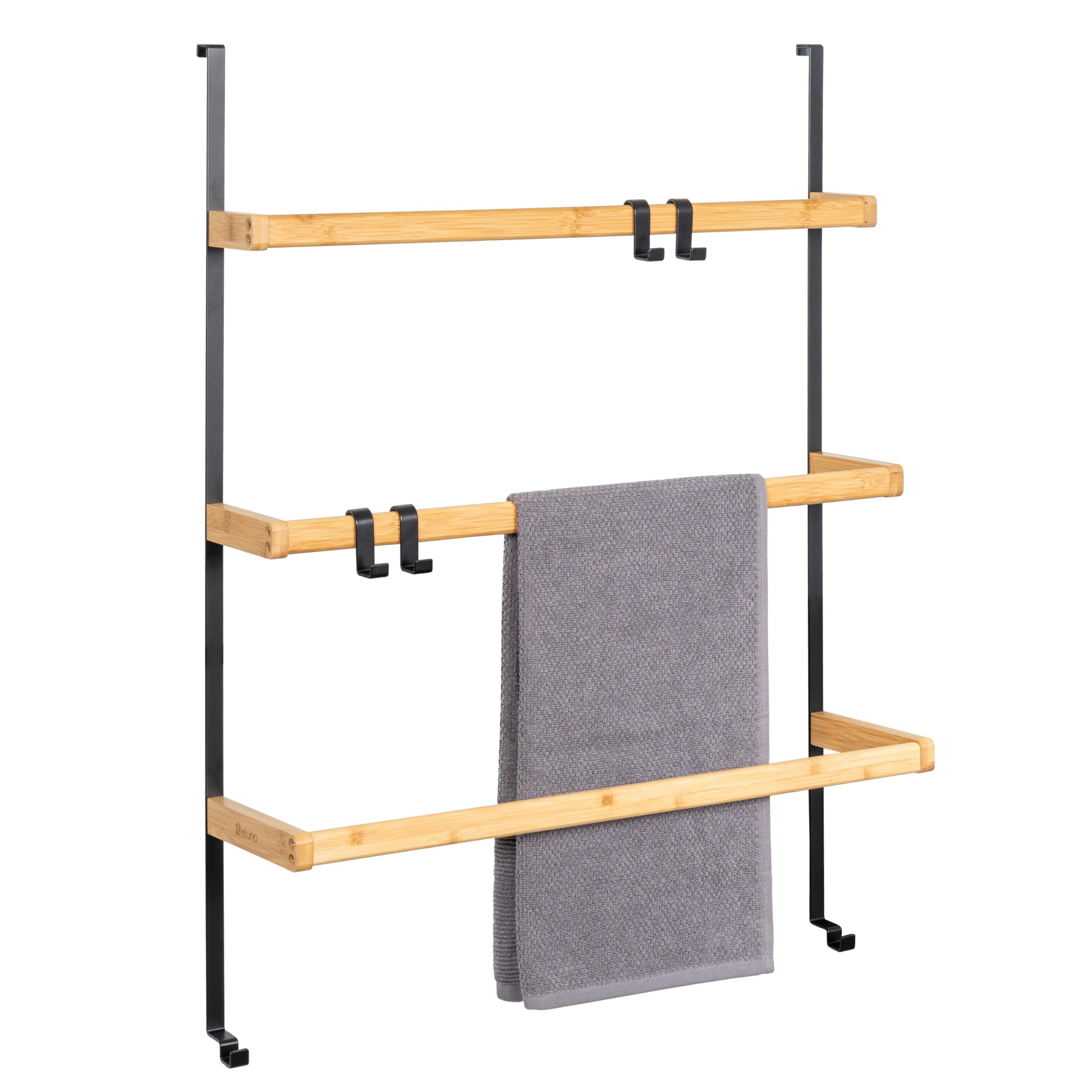 eluno Portasciugamani in metallo con bambù, extra grande, supporto per asciugamani da doccia, porta asciugamani da bagno, con 2 aste per asciugamani e 4 ganci (Metallo-nero