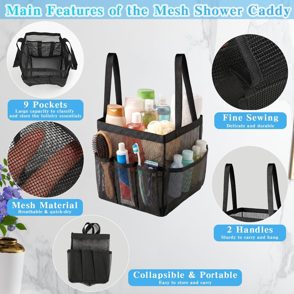 Mesh Shower Caddy, Portable Black Beach Tote Bag for Bathroom Dorm Essentials, Quick Dry Toiletry Organizer Large with 2 Handles 9 Pockets for Swim Pool Gym College Camp Travel Women Men Basket Bag
