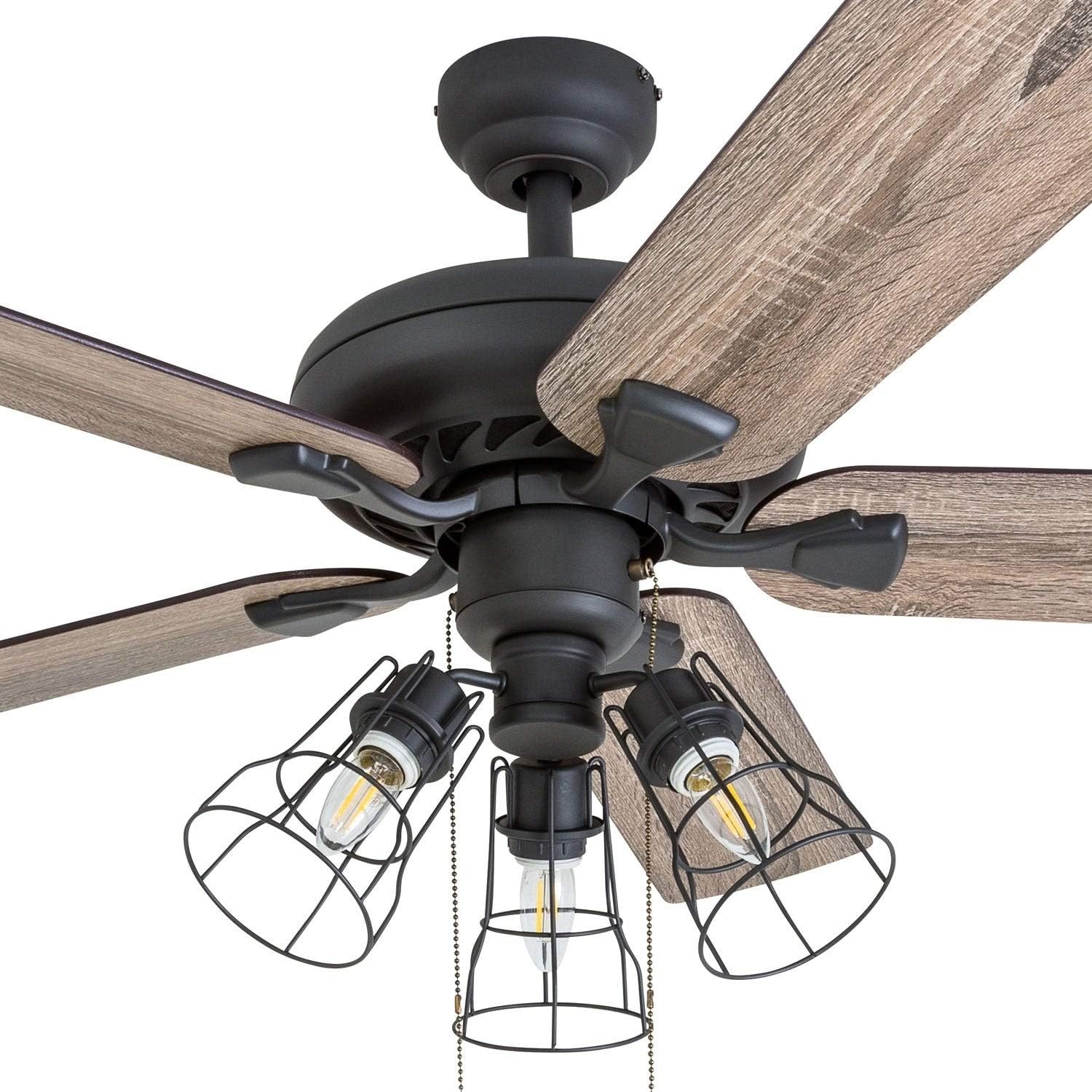 Unknown1 Home Woods Farmhouse 52" Aged Bronze Led Ceiling Fan Cage Industrial 3-Light Brown Rustic Metal Wood