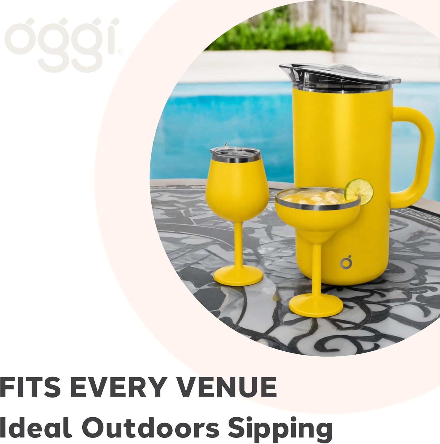 Oggi Vacuum Insulated Margarita Goblet 10 oz (300 ml), Stainless Steel Double Wall Margarita Tumbler with Lid, Stemmed Margarita Glass, No Sweat Cocktail Glasses, Gifts for Women & Men - Yellow