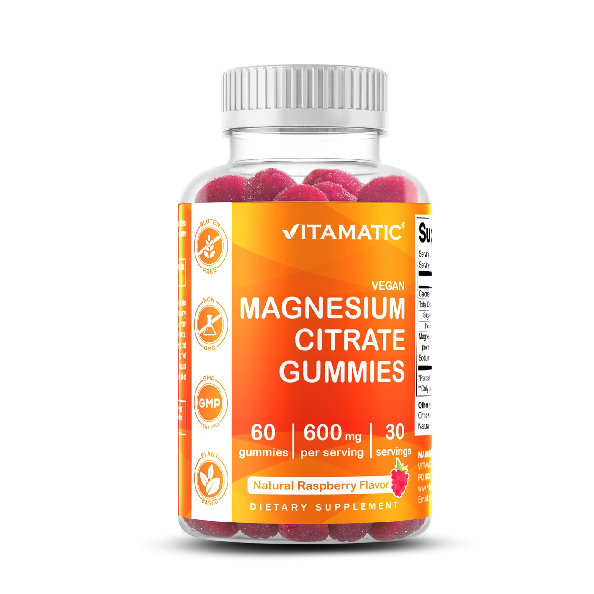 VitamaticMagnesium Gummies 600mg per Serving - 60 Vegan Gummies - Promotes Healthy Relaxation, Muscle, Bone, & Energy Support