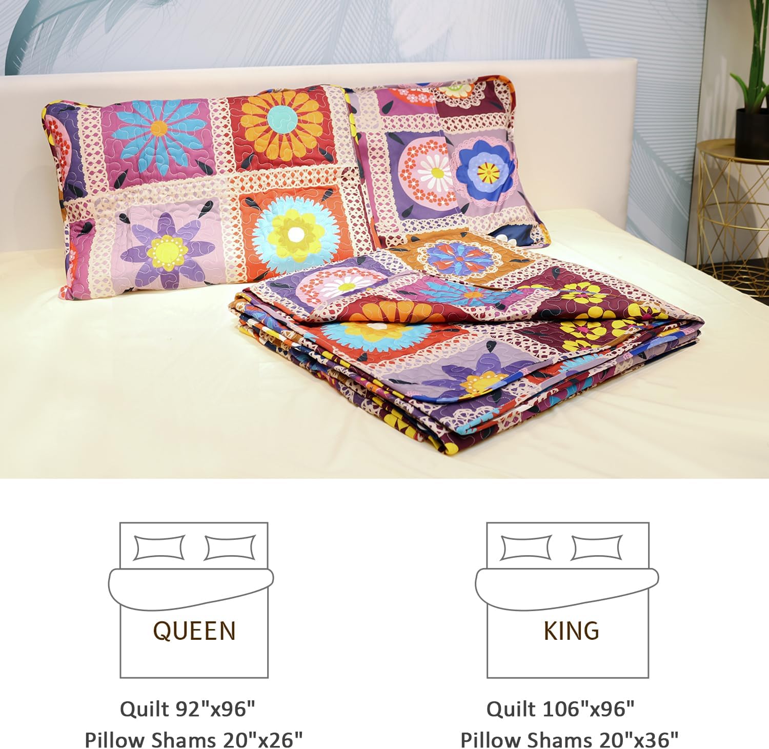 Patchwork Quilt Set Queen Size 3 Pieces Set Quilts Crochet Style Bohemian Bedspread Coverlet Set for All Season Reversible Boho Bed Cover Bedding Set 1 Quilt and 2 Pillow Shams, 96" x 92"