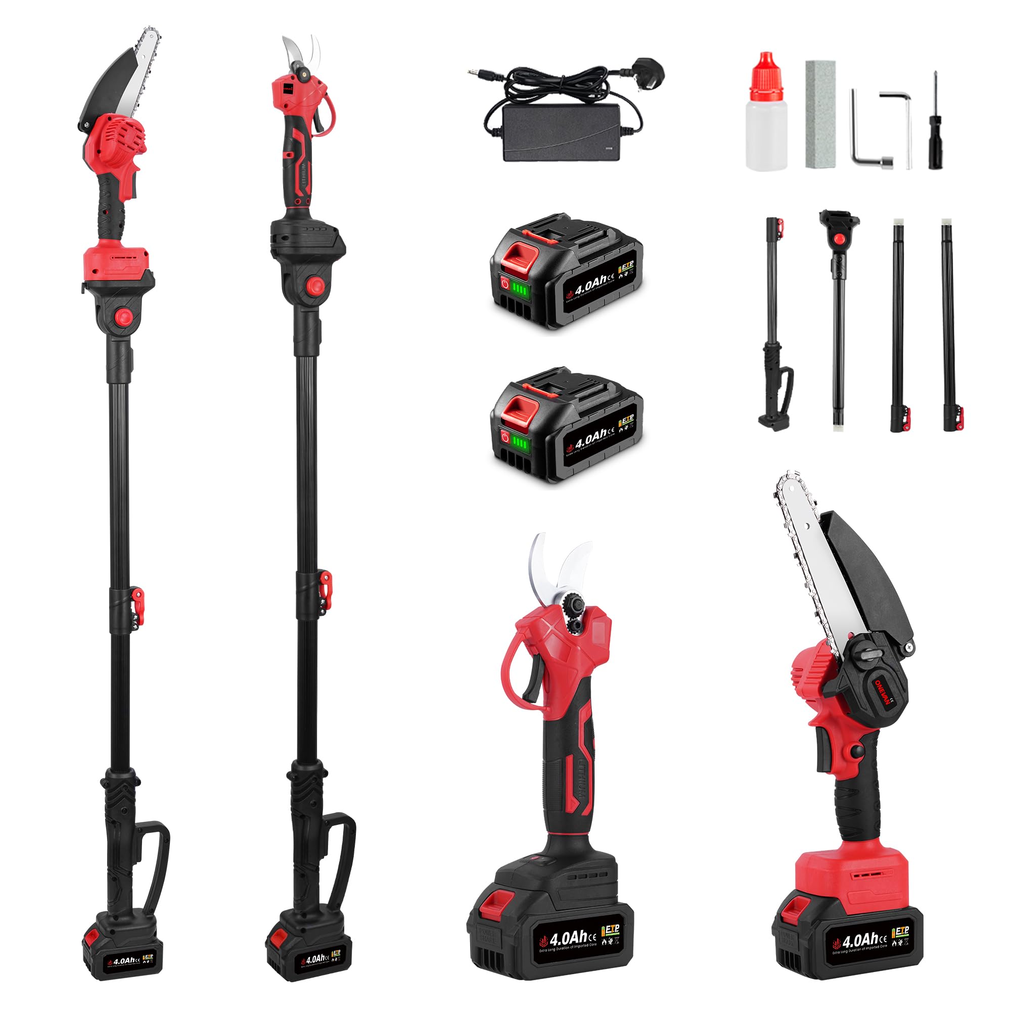 4-in-1 Cordless Pole Saw Electric Pruning Shears - 6 Inch Chainsaw and 0.98In Pruning Shears, 180° Adjustable Angle, with 6.6Ft Detachable Extension Pole, 2 * 4.0Ah Battery for Tree Trimming Branches