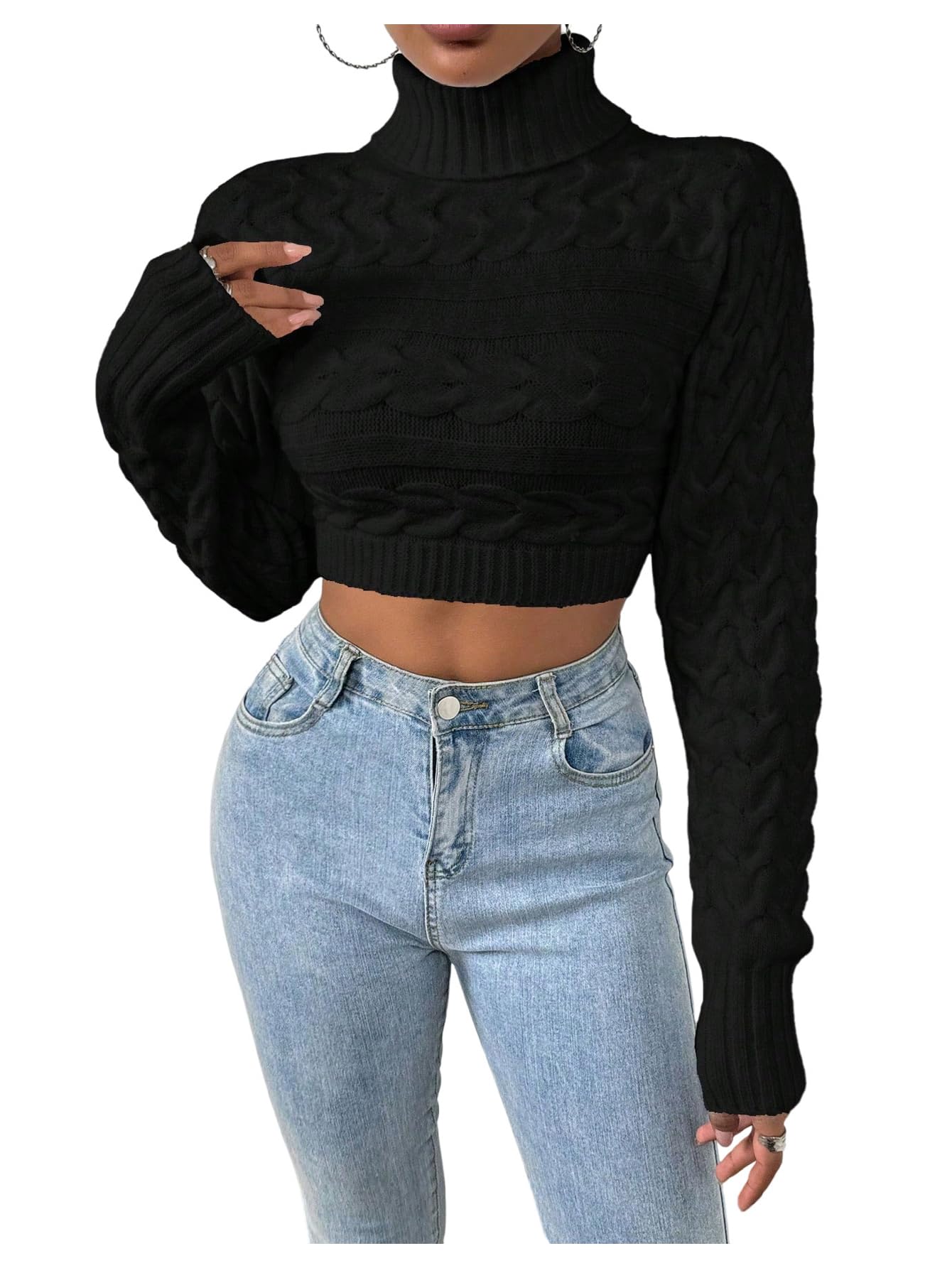 Womens Turtleneck Cropped Sweaters Cable Knit Long Sleeve Going Out Pullover Tops