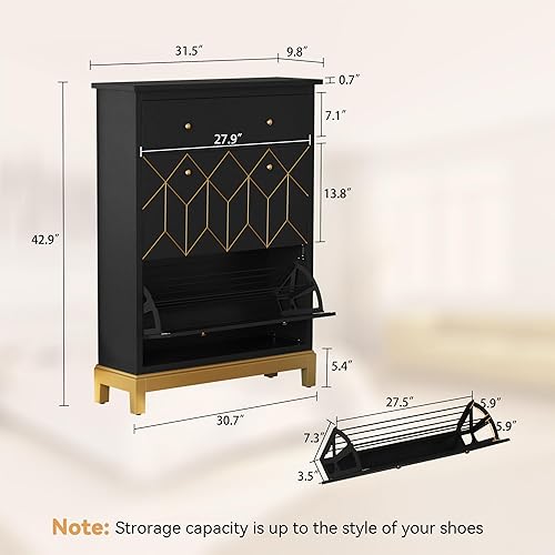 Miniatura 9 de HLR Gabinete oculto para zapatos que ahorra espacio con 2 puertas abatibles, 1 cajón, armario de almacenamiento de zapatos de entrada, armario