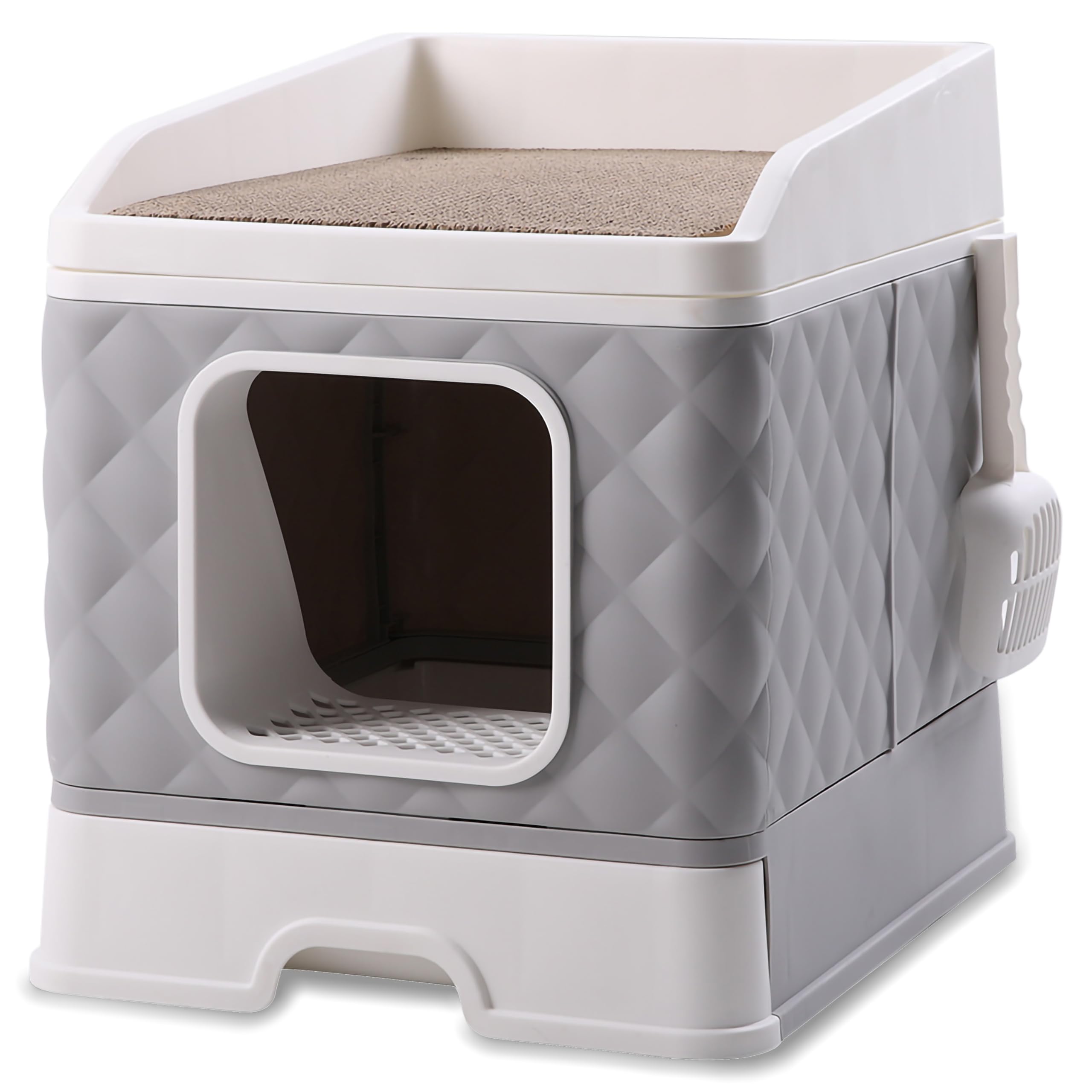 XXL Katzentoilette mit Deckel – Geschlossene Katzenklo mit Schublade, Kratzmatte & Schaufel – Geruchsdicht, hygienisch, ideal für große Katzen - grau (Grau)