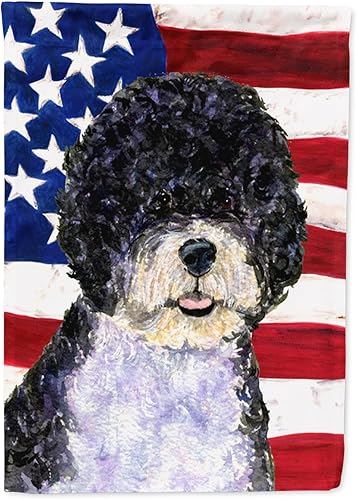 Miniatura 220 de Caroline's Treasures SS4017GF Bandera de Estados Unidos con Bulldog Inglés para jardín, bandera decorativa para patio exterior, patio, parterres,