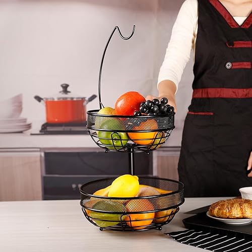 Miniatura 5 de Cesta de frutas de 2 niveles con colgador doble para árbol de plátano, almacenamiento de alambre de metal para encimera de cocina para pan, cebollas