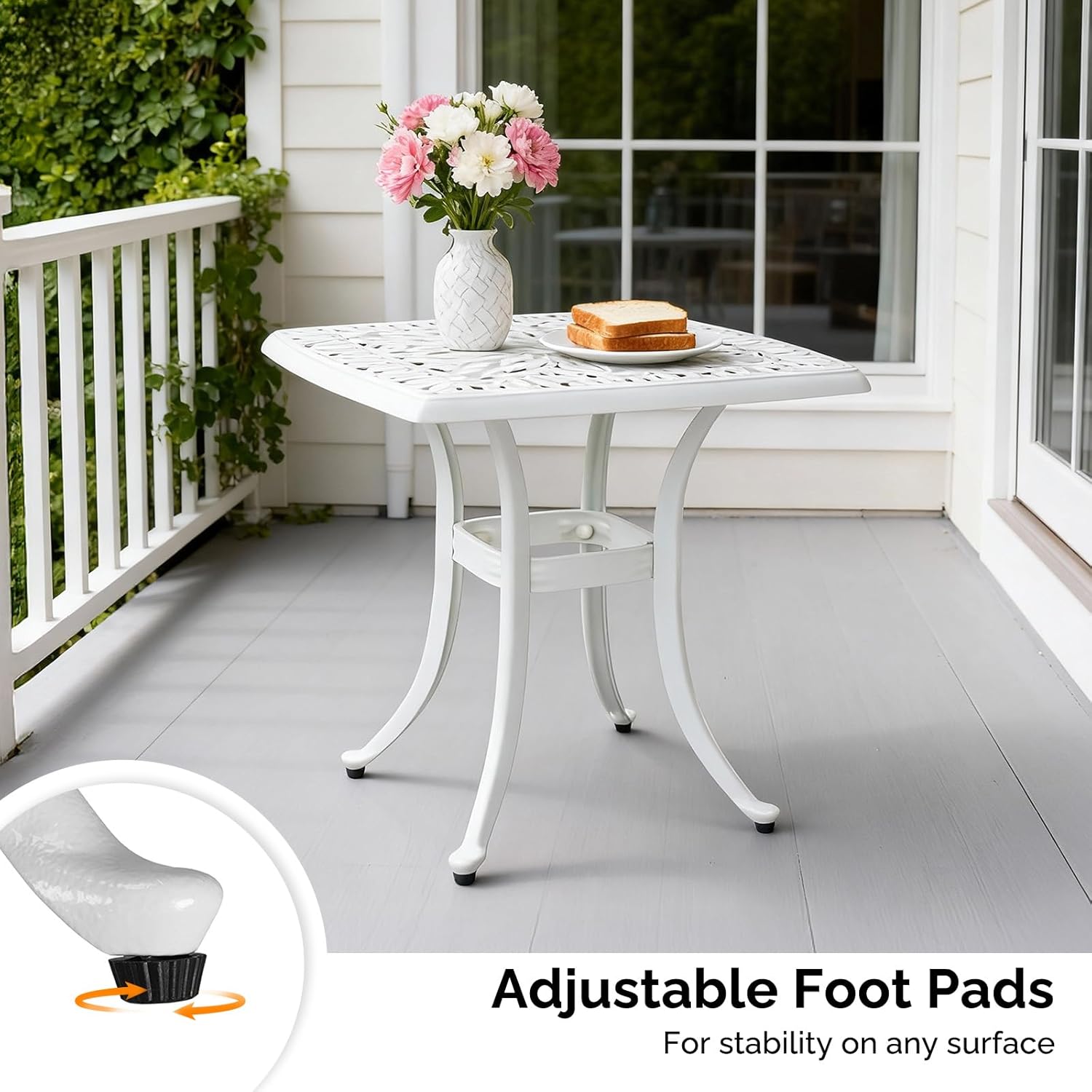 VINGLI 21” Cast Aluminum Outdoor Side Table with 1.6” Umbrella Hole, All Weather Square Patio Coffee Table Bistro Table End Table for Yard Porch Poolside(White)…