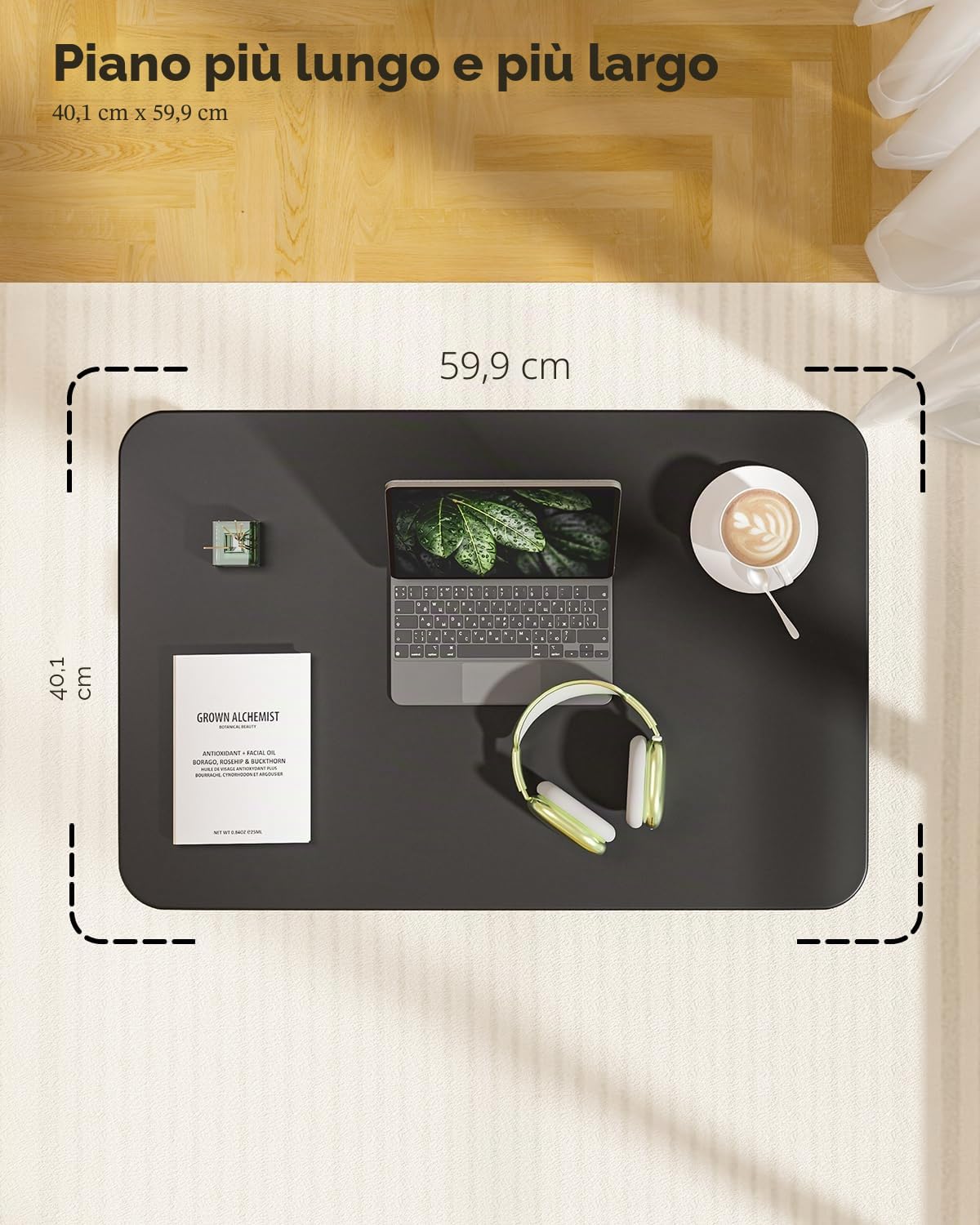 WALKINGDESK Tavolino regolabile in altezza con 4 ruote, Scrivania mobile 60 x 40 cm, Pneumatica tavolo da Letto per computer, divano, letto, Nero