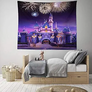 HIYOO Home Disney Castle Tapestry Wall Hanging, Fairy Tale Fairyland Wall Tapestries Disneyland Fireworks Night Wall Decor for Children Kids Baby Dorm, Bedroom, Birthday Party Background 60"W x 51"L