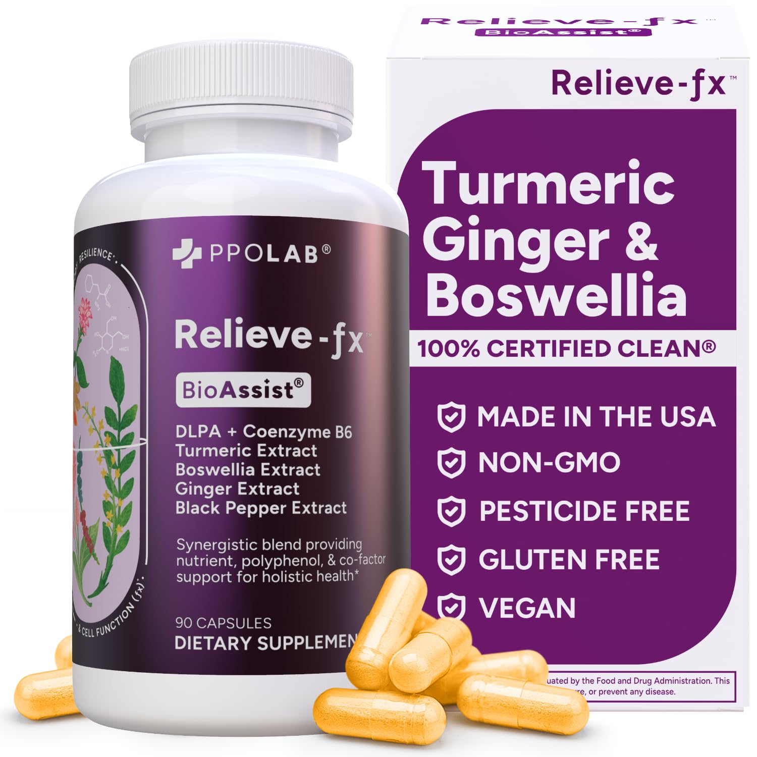 Relieve-fx™ DLPA Boswellia Turmeric and Ginger Supplement, Stress Relief, Heart, Digestion, Muscle Cramp, Joint, Inflammation Health, Vitamin B6 P5P, Boswellic Acid, Curcumin with Black Pepper - 90ct