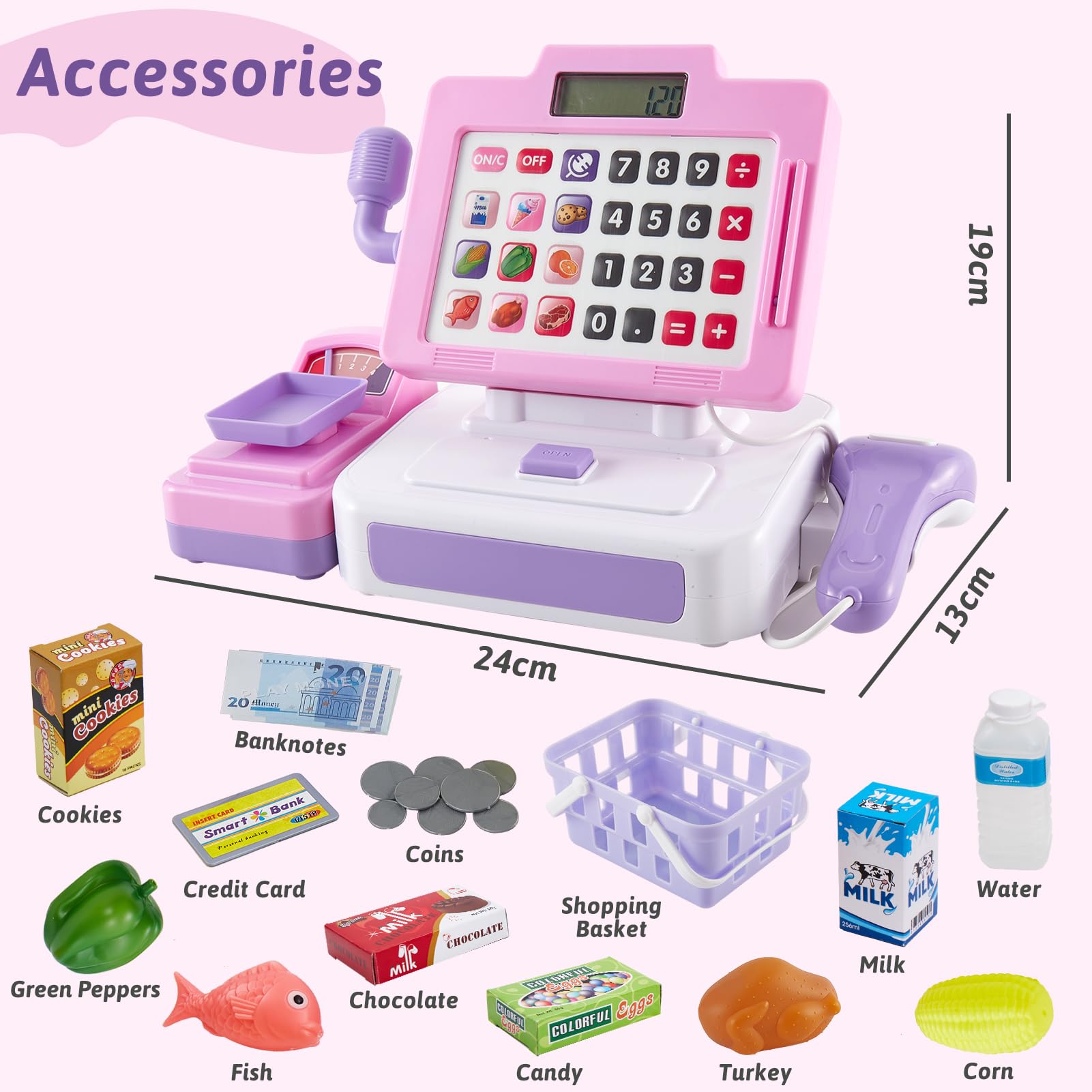 LINFUN KIDS Registratore di Cassa Supermercato Giocattolo con Microfono, Scanner di Suoni e Luci,Cibo Finto Giochi di Imitazione per Ragazze Ragazzi 3 Anni Rose