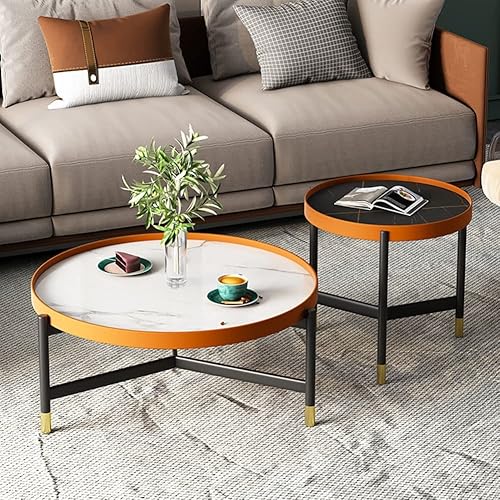 Miniatura 2 de Juego de 2 mesas auxiliares redondas para sala de estar mesas auxiliares apilables mesa de cóctel con parte superior de mármol sintético y marco de